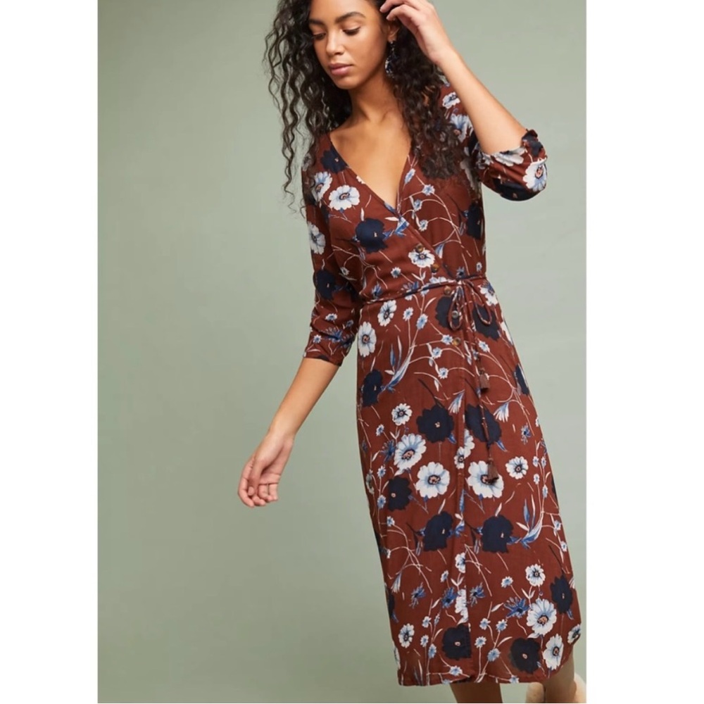 FAITHFULL THE BRAND Anne Marie Aberdeen Floral Midi Wrap Dress Brown Size 4